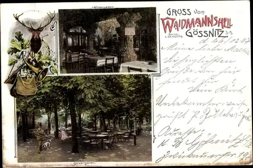 Ak Gößnitz in Thüringen, Gasthaus Waidmannsheil, Gartenpartie, Innenansicht