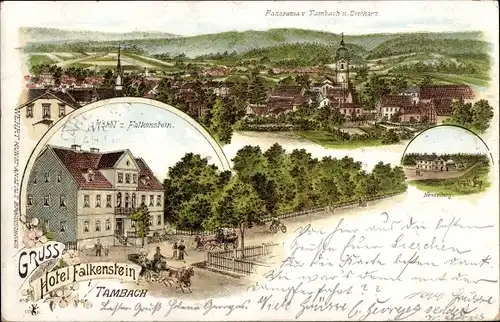 Litho Tambach Dietharz in Thüringen, Hotel zum Falkenstein, Nesselberg, Totalansicht