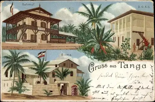 Litho Tanga Tansania, Deutsch Ostafrika, Bahnhof, Boma, DOAG