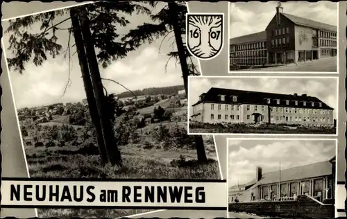 Ak Neuhaus am Rennweg Thüringen, Wappen, Panorama, Gebäude