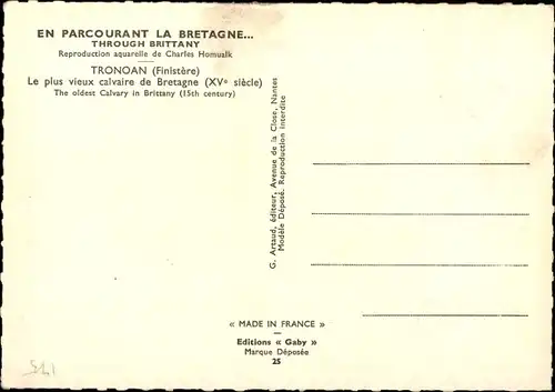 Künstler Ak Homualk, Charles, Tronoan Finistère, Le plus vieux calvaire de Bretagne