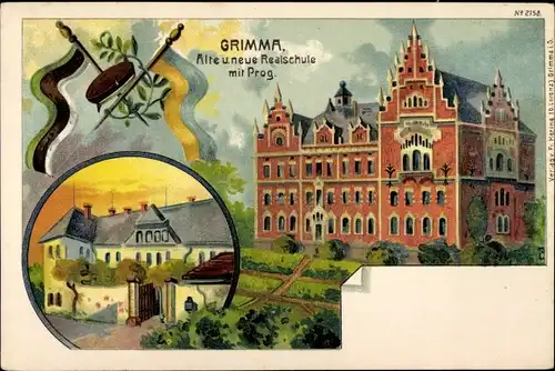 Litho Grimma in Sachsen, Alte und neue Realschule mit Progymnasium, Nr. 2158