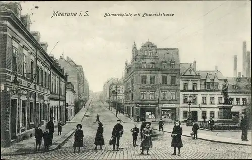 Ak Meerane in Sachsen, Bismarckplatz, Bismarckstraße, Bismarckdenkmal, Geschäfte, Kinder