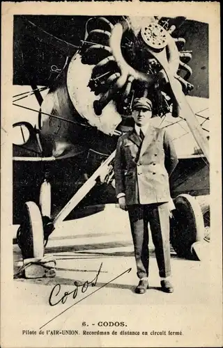 Ak Französisches Flugzeug, Codos, Pilote de l'Air Union, Recordman de distance en circuit ferme