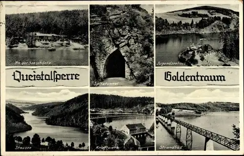 Ak Złotniki Lubańskie Goldentraum Schlesien, Queistalsperre, Seeschänke, Spitztunnel, Kraftwerk