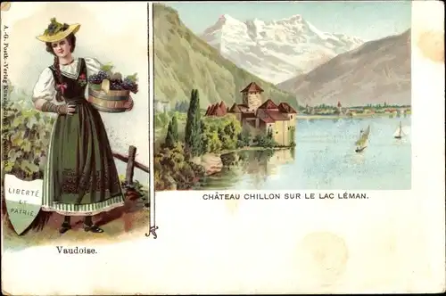 Litho Chillon Lac Léman Kt. Waadt Schweiz, Vaudoise, Château Chillon sur le Lac Léman