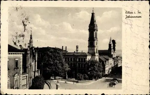 Ak Zittau in der Oberlausitz, Blick auf das Johanneum, Turm, Straßenpartie