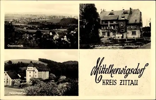 Ak Mittelherwigsdorf Zittau in der Oberlausitz, Stadtpanorama, Feierabendheim, Gemeindeamt