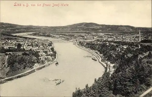 Ak Linz an der Donau Oberösterreich, Blick von der Franz Josef-Warte auf Stadt und Fluss