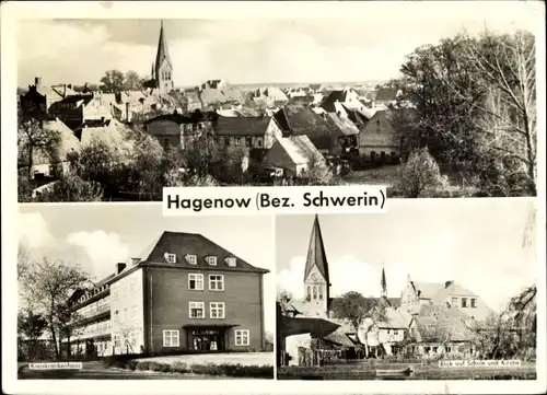 Ak Hagenow in Mecklenburg Vorpommern, Ortsansicht mit Kirche, Kreiskrankenhaus, Blick auf Schule