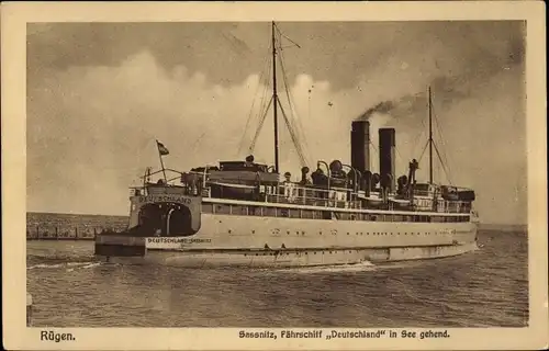 Ak Sassnitz auf der Insel Rügen, Fährschiff Deutschland in See gehend