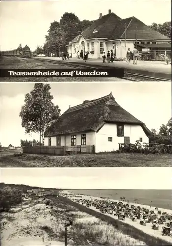 Ak Trassenheide auf Usedom, Reetdachhaus, Strand, Bahnhof