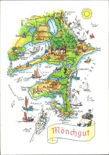 Landkarten Ak Mönchgut Insel Rügen, Bodden, Sellin, Preetz, Wiek