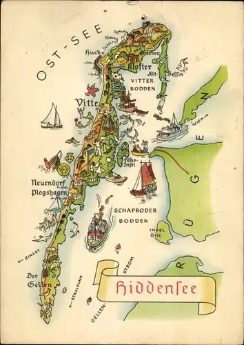 Landkarten Ak Insel Hiddensee Ostsee, Vitte, Neuendorf, Plogshagen, Neuendorf, Bodden, Kloster