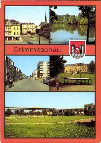 Ak Crimmitschau Sachsen, Markt, Schloßteich, Neubauten, Oberschule Wilhelm Stolle, Sportplatz