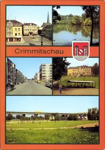 Ak Crimmitschau Sachsen, Markt, Schloßteich, Neubauten, Oberschule Wilhelm Stolle, Sportplatz