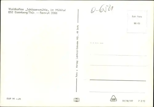 Ak Eisenberg in Thüringen, Mühltal, Waldkaffee Schössersmühle