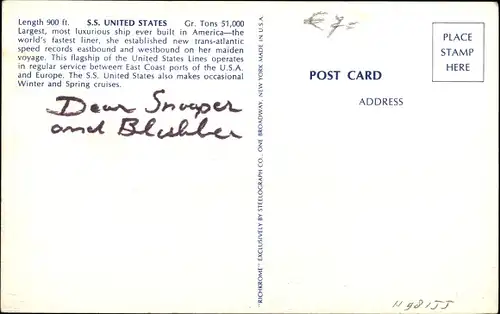 Ak Steamer SS United States, Dampfschiff, United States Lines, USL