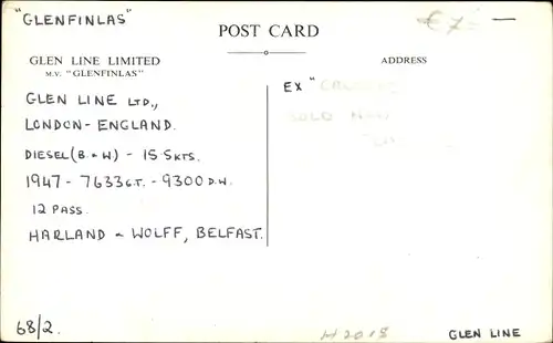Ak Frachtschiff Gleinfinlas, Glen Line Limited