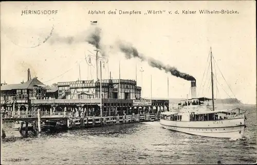 Ak Ostseebad Heringsdorf auf Usedom, Abfahrt des Dampfers Wörth von der Kaiser Wilhelm-Brücke