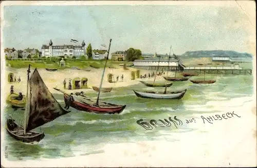 Ak Ostseebad Ahlbeck Heringsdorf auf Usedom, Partie am Strand, Boote