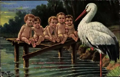 Künstler Ak Thiele, Arthur, Storch, Kleinkinder auf einem Steg