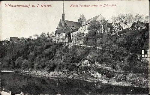 Ak Wünschendorf a. Elster, Kirche Veitsberg, Uferpartie