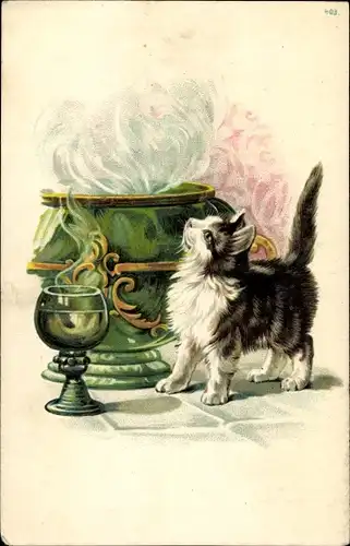 Präge Litho Getigerte Katze vor einer Punschschüssel