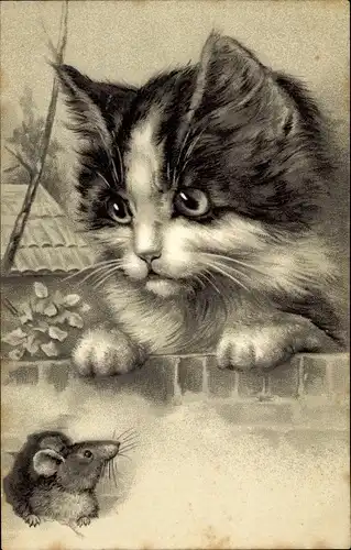 Litho Kleine Katze beobachtet eine Maus