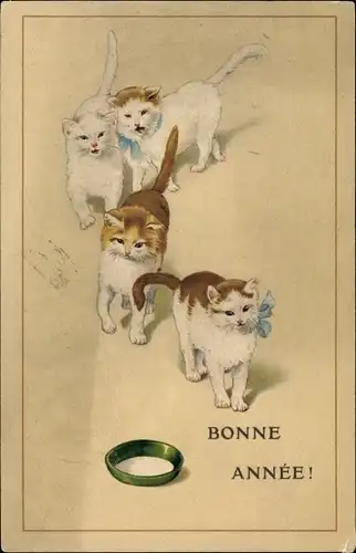Ak Glückwunsch Neujahr, Vier Katzen mit Milchschale