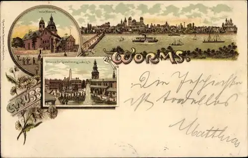 Litho Worms am Rhein, Totalansicht, Springbrunnen, Museum
