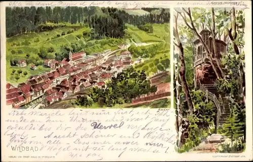 Litho Bad Wildbad im Schwarzwald, In den Anlagen, Panorama vom Ort