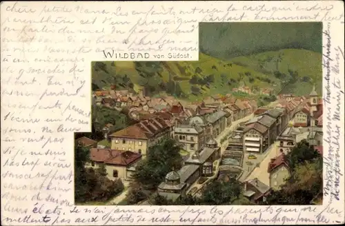 Litho Bad Wildbad im Kreis Calw Baden Württemberg, Blick auf Ortschaft von Südosten