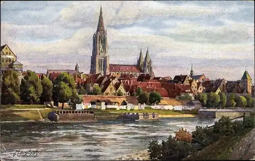 Künstler Ak Marschall, V., Ulm an der Donau, Blick über den Fluss zur Stadt