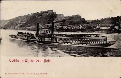 Ak Ehrenbreitstein Koblenz am Rhein, Salondampfer, Stadtansicht