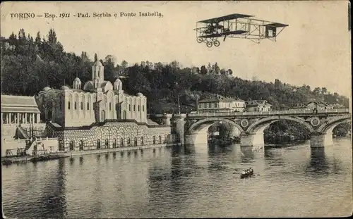 Ak Torino Turin Piemonte, Exposizione Internazionale 1911, Pad. Serbia e Ponte Isabella