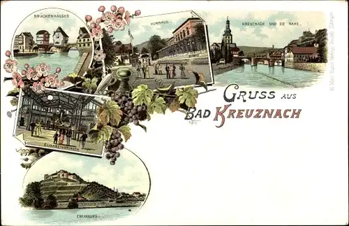 Litho Bad Kreuznach Rheinland Pfalz, Naheblick, Kurhaus, Brückenhäuser, Ebernburg, Elisabethbrunnen