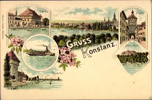 Litho Konstanz am Bodensee, Konzilhaus, Rheinpartie, Schnetztor, Schloss Mainau