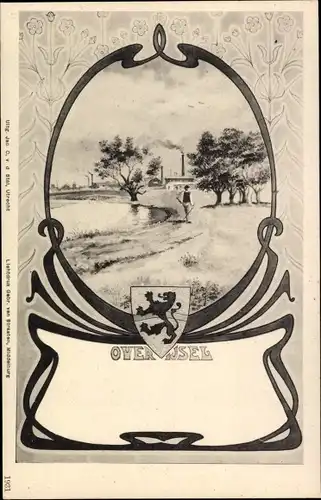 Künstler Ak Overijssel Niederlande, Dorfpartie, Wappen