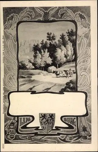Künstler Ak Limburg Niederlande, Waldpartie, Ochsenkarre, Wappen