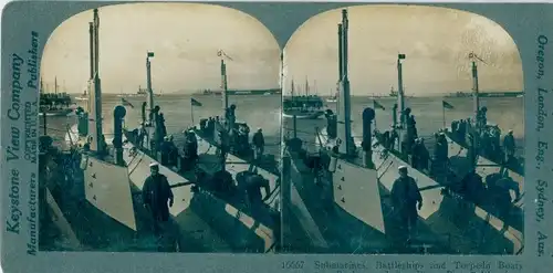 Stereo Foto San Diego Bay Kalifornien USA, Submarines, Battleships, Torpedo Boats, I WK