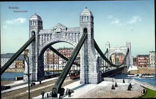 Ak Wrocław Breslau Schlesien, Kaiserbrücke, Straßenbahn