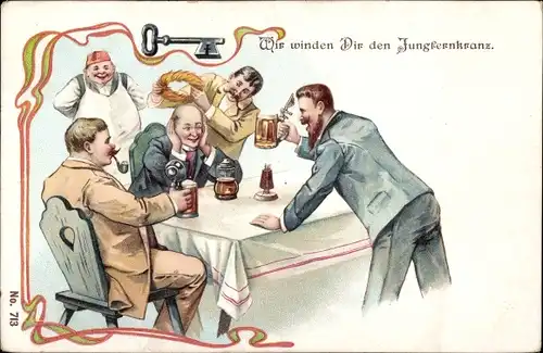 Litho Wir winden Dir den Jungfernkranz, Männerrunde, Bier, Junggeselle