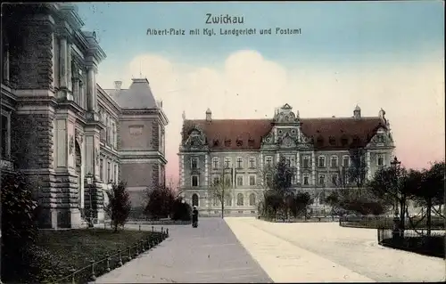 Ak Zwickau in Sachsen, Albert-Platz mit Kgl. Landgericht und Post