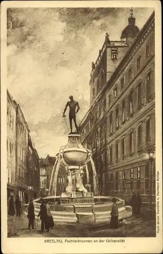 Künstler Ak Killian, Hermann, Wrocław Breslau Schlesien, Fechterbrunnen an der Universität