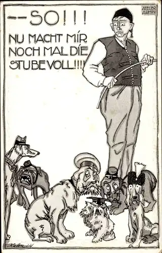 Künstler Ak Deutscher Michel mit Hunden, Nu macht mir noch mal die Stube voll, Lustige Blätter