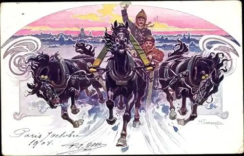 Künstler Ak Russische Post im Winter, Schlittengespann