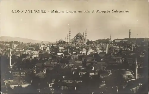 Ak Istanbul Konstantinopel Türkei, Maisons turques en bois et Mosquée Suleymanié