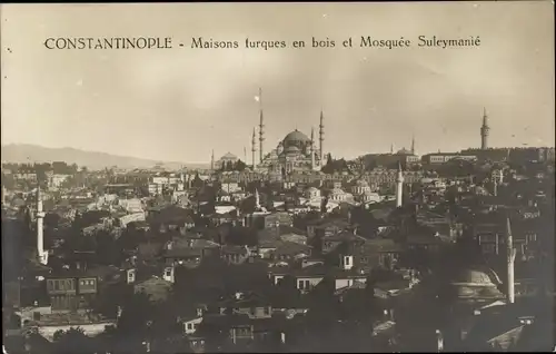 Ak Konstantinopel Istanbul Türkei, Maisons furques en bois et Mosquée Suleymanié