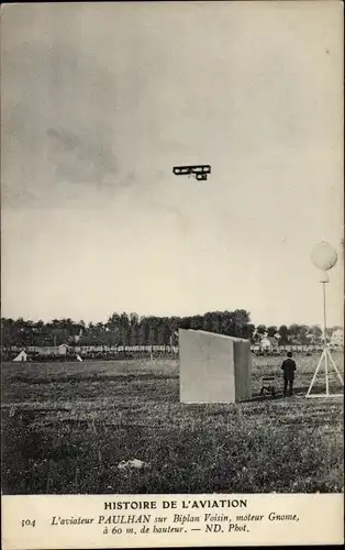 Ak Histoire de l'Aviation, L'Aviateur Paulhan sur Biplan Voisin, moteur Gnome, Flugpionier